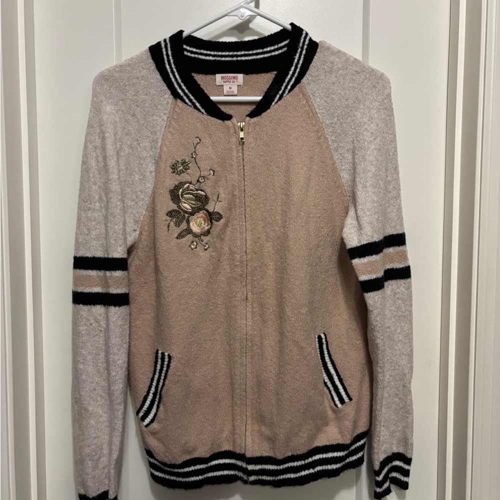 Embroidered Zip-Up Cardigan with Stripes